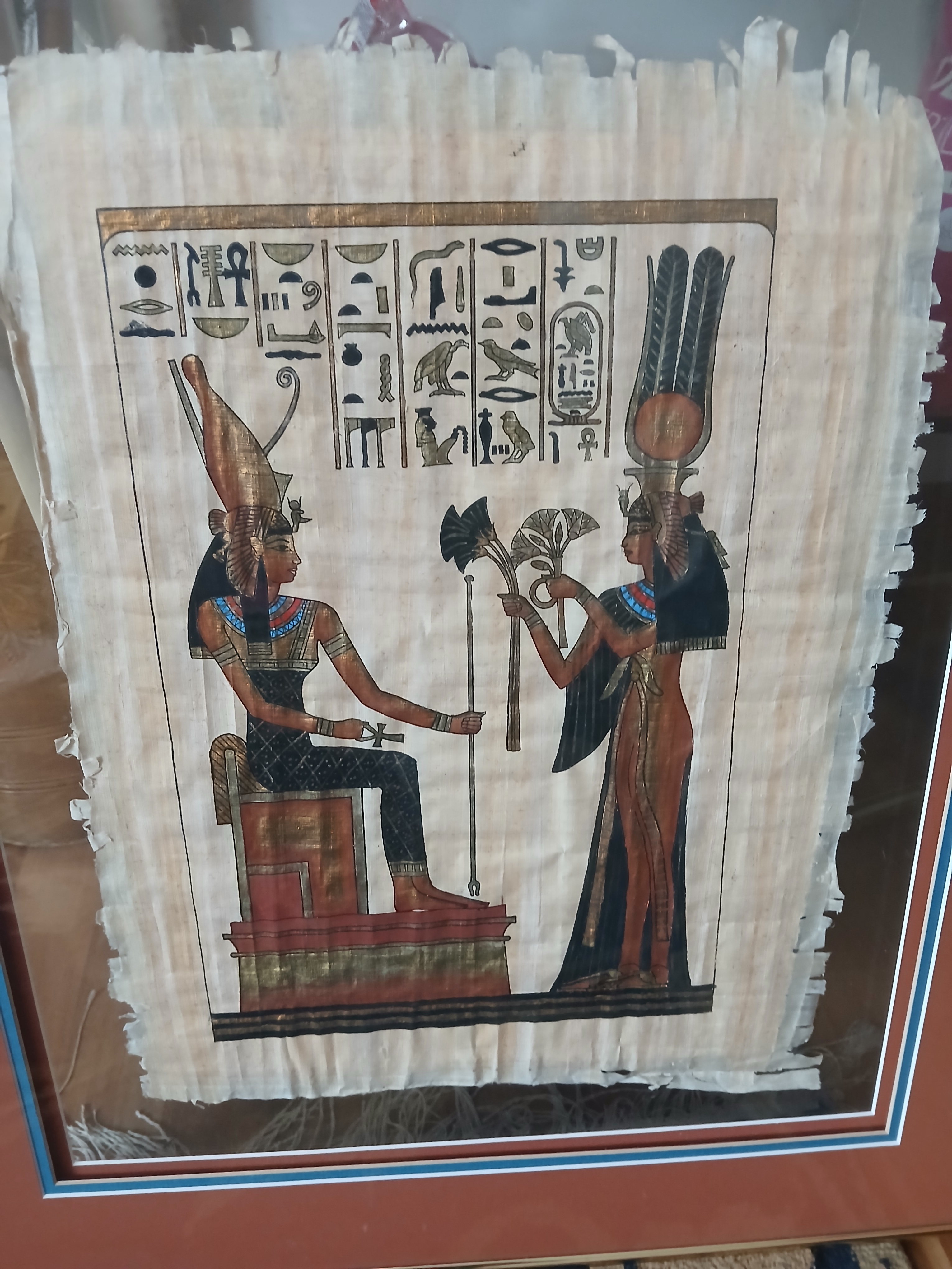 1980s Egyptian Vintage Large Papyrus Painting of Queens in