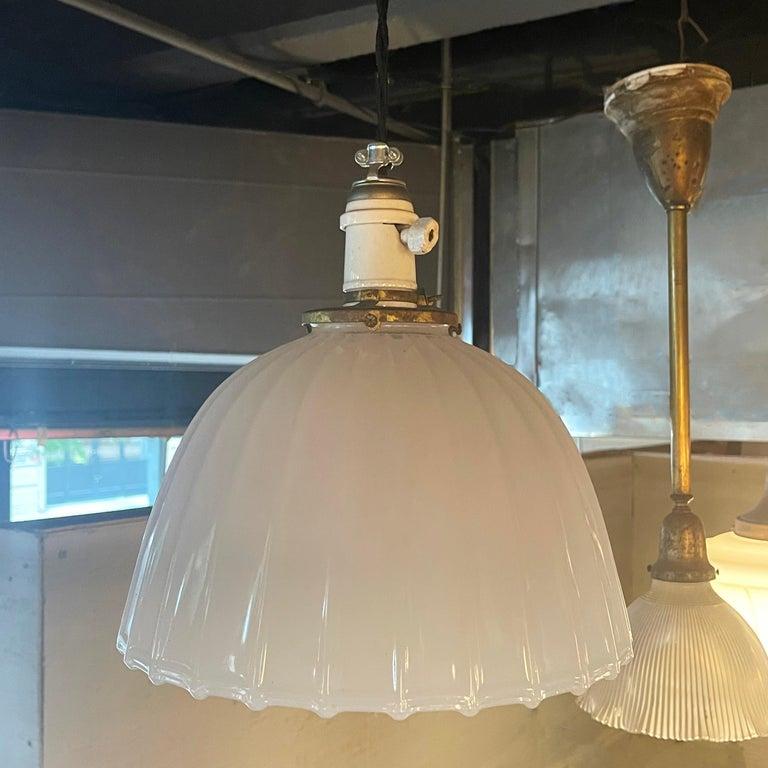Antique Early 20th Century Scalloped Milk Glass Dome Pendant Light