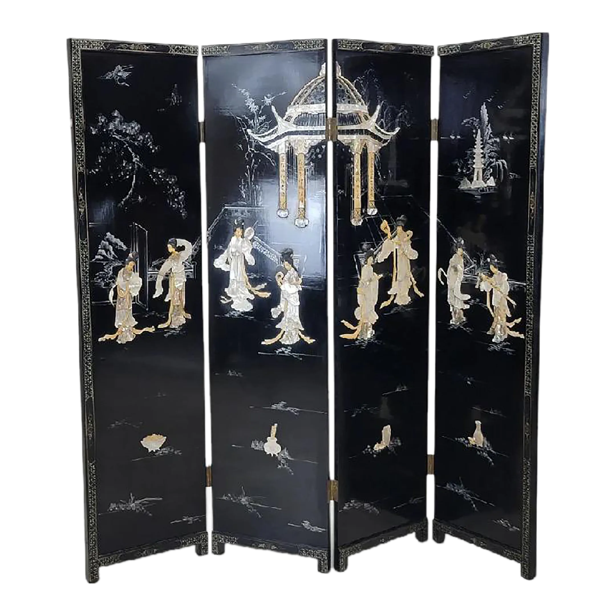 Antique Mother of Pearl & Hand Painted Asian 4 Panel Privacy Screen