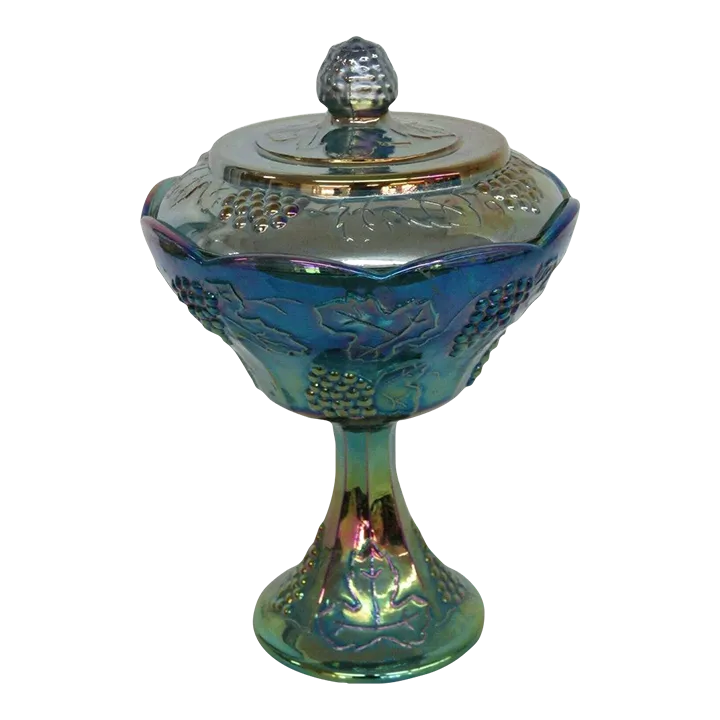 Indiana Harvest Grape Style Blue Iridescent Glass Candy Dish with Lid