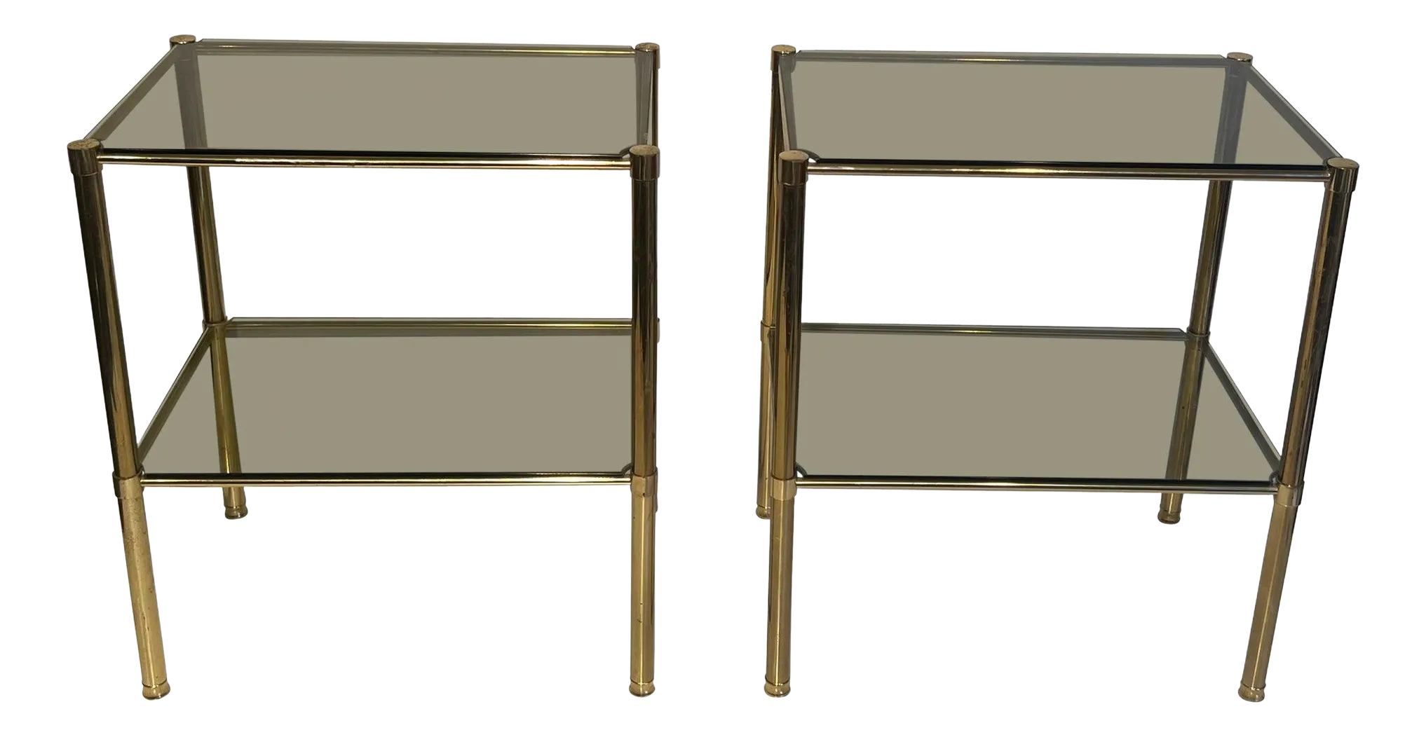 Brass Side Tables With Smoked Glass Shelves. French Work. Circa