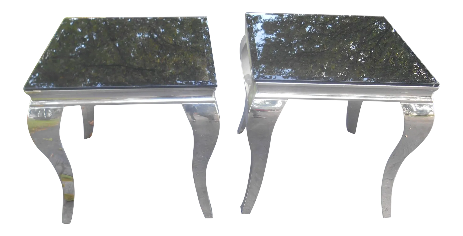 MidCentury Modern Pair of Designer Chrome and Black Glass Side Tables