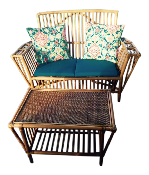 Rattan Settee & Matching Coffee Table/Ottoman Chairish
