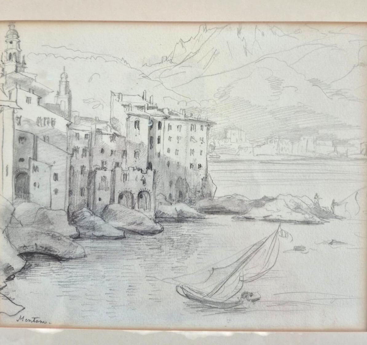 Late 19th Century Antique Pencil Drawing Scketch Landscape of