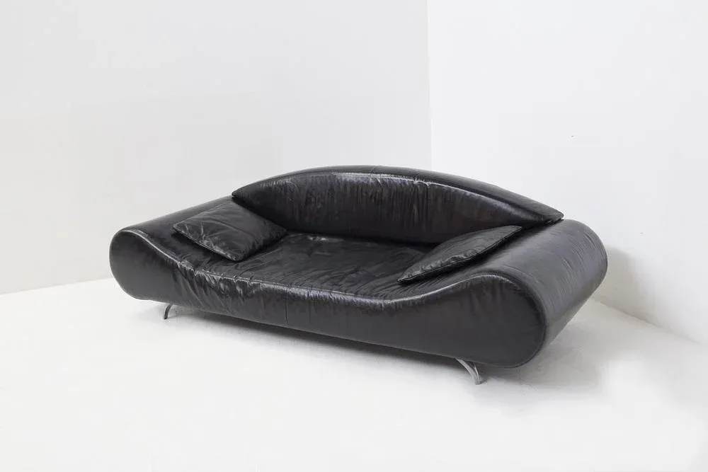 Vintage Modern Black Semi-Leather Sofa, 1990s