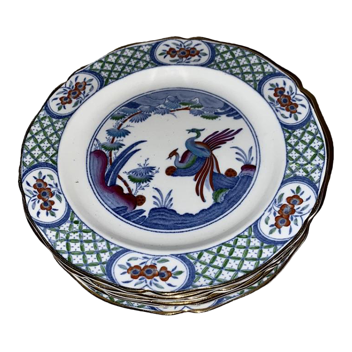 Furnivals China. Early 20th Century Old Chelsea Blue Multicolor Sandwich Salad Plates by Furnivals- Set of 6