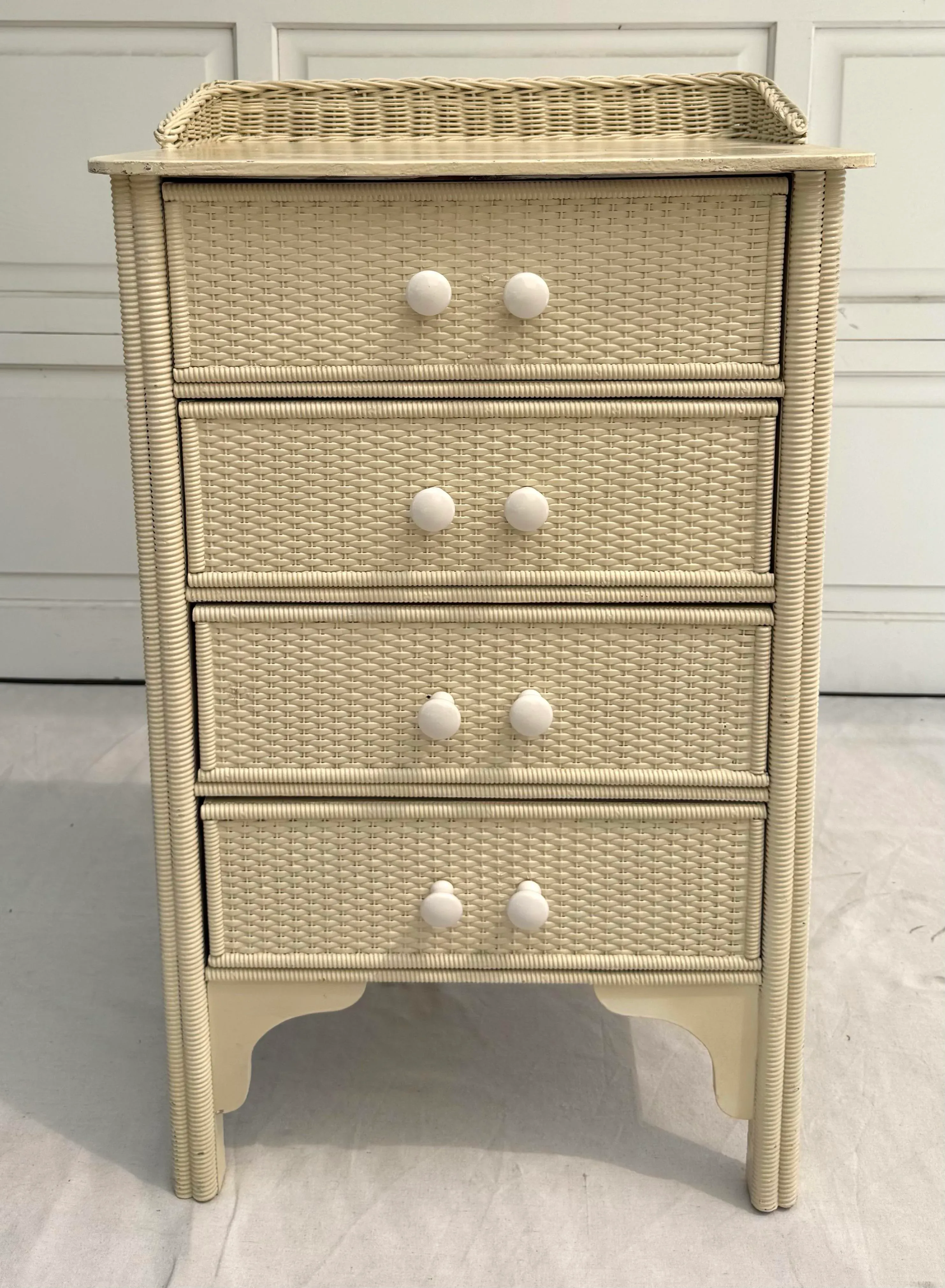 Farmhouse Cottagecore White Wicker Rattan Chest of Drawers | Chairish
