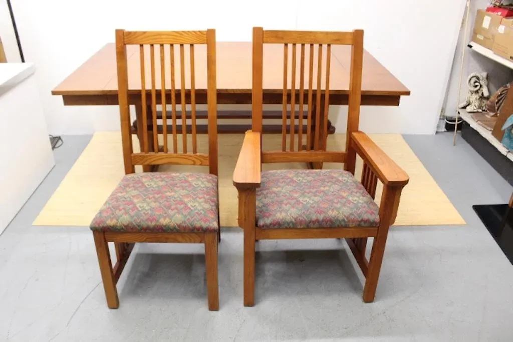 Vintage Bassett Furniture Oak Dining Set Trestle Table 6 Chairs Mission Style