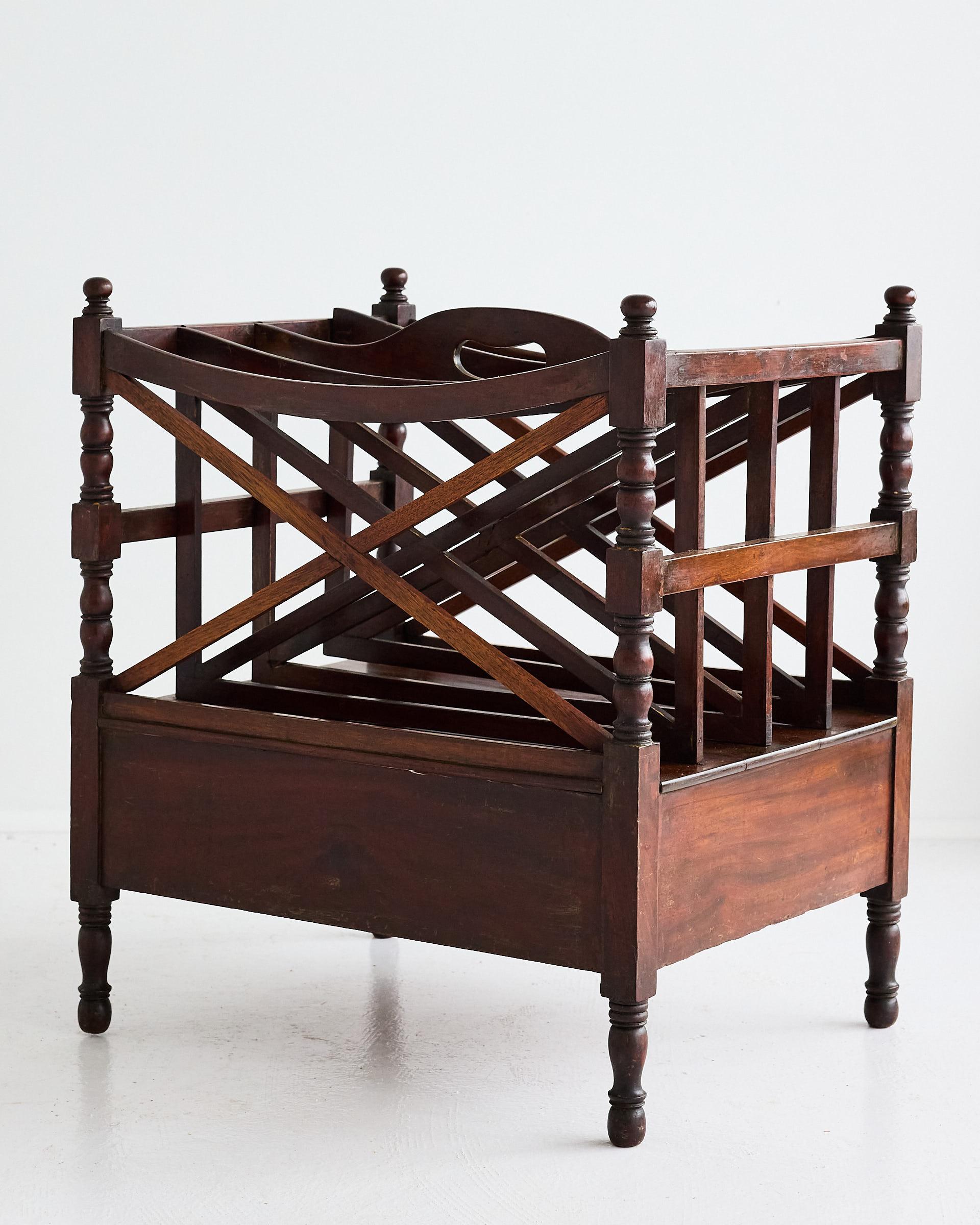 Large English Regency Mahogany Canterbury Magazine Rack With Drawer, 19th Century
