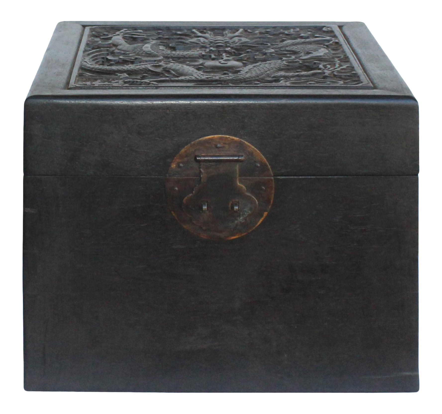 Chinese Brown Dimensional Relief Dragon Motif Square Storage Box Chest