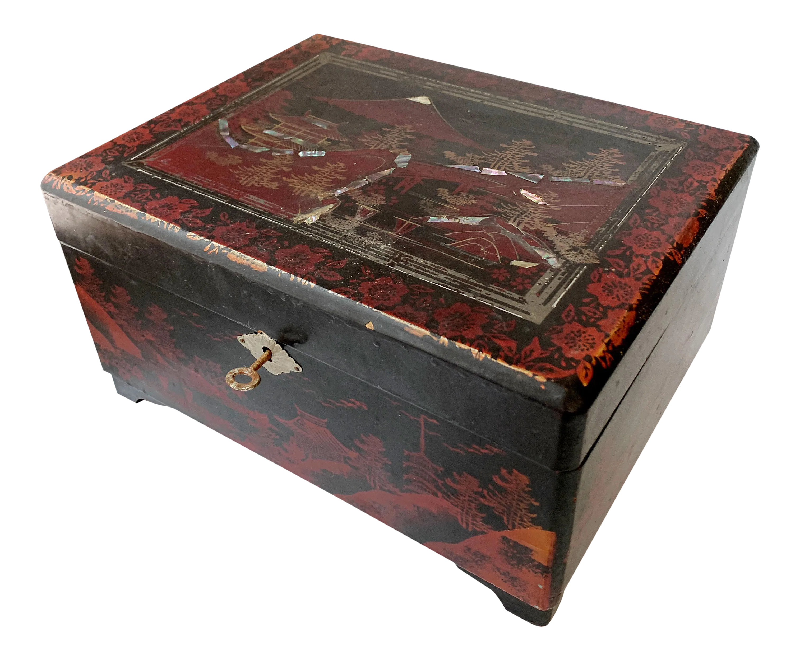 Vintage Japanese Lacquer Mother of Pearl Inlay Musical Jewelry Box