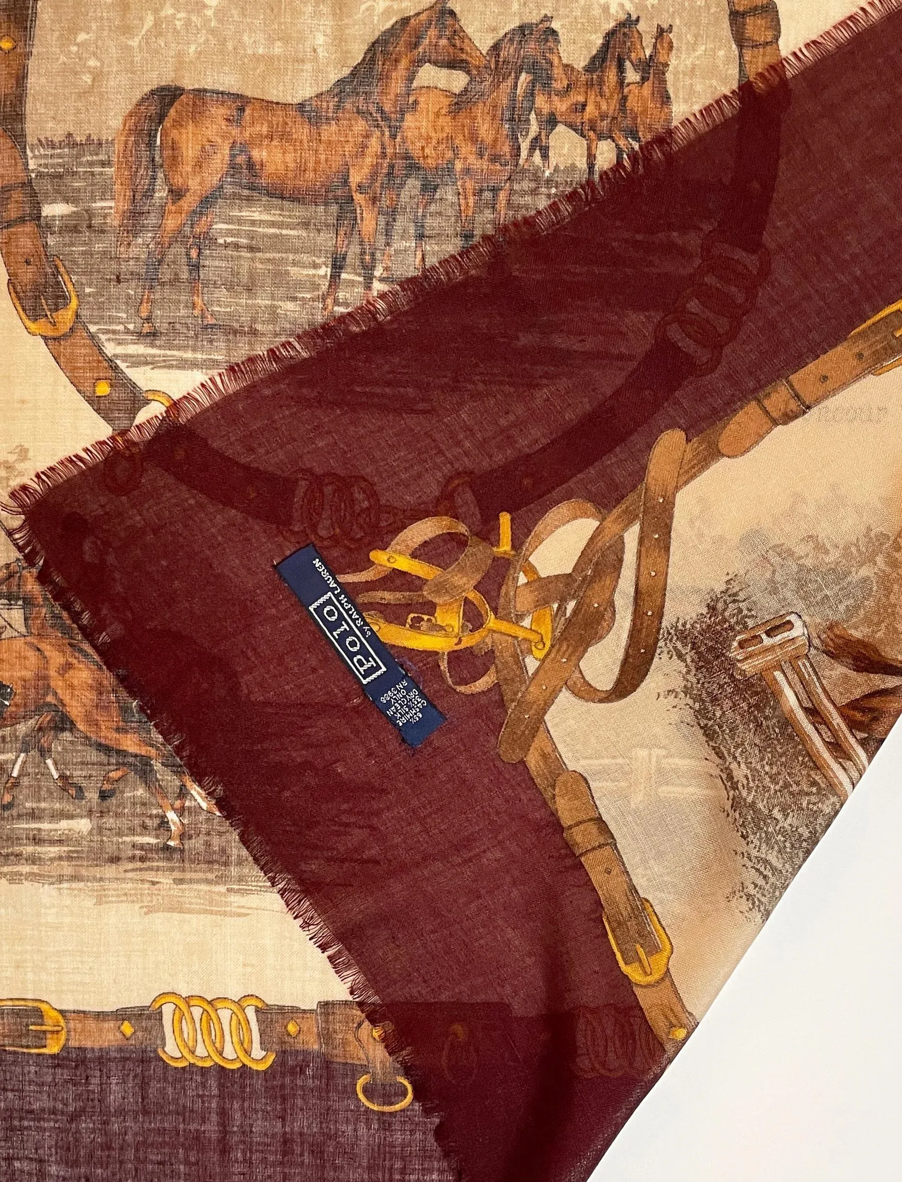 1980s Ralph Lauren Equestrian Themed Cashmere and Silk Scarf