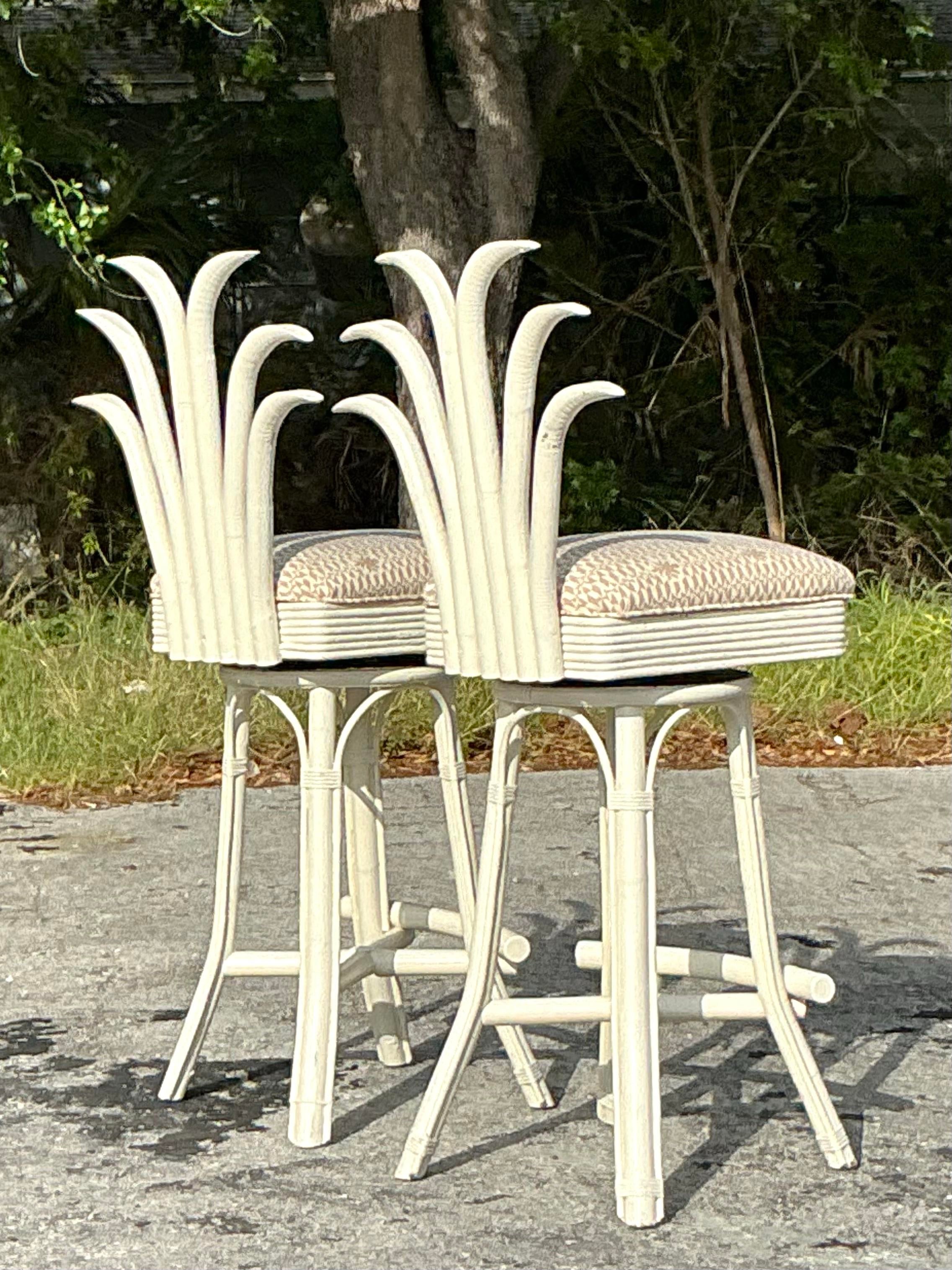 Vintage Coastal Swivel Pineapple Rattan Quadrille Covered Bar