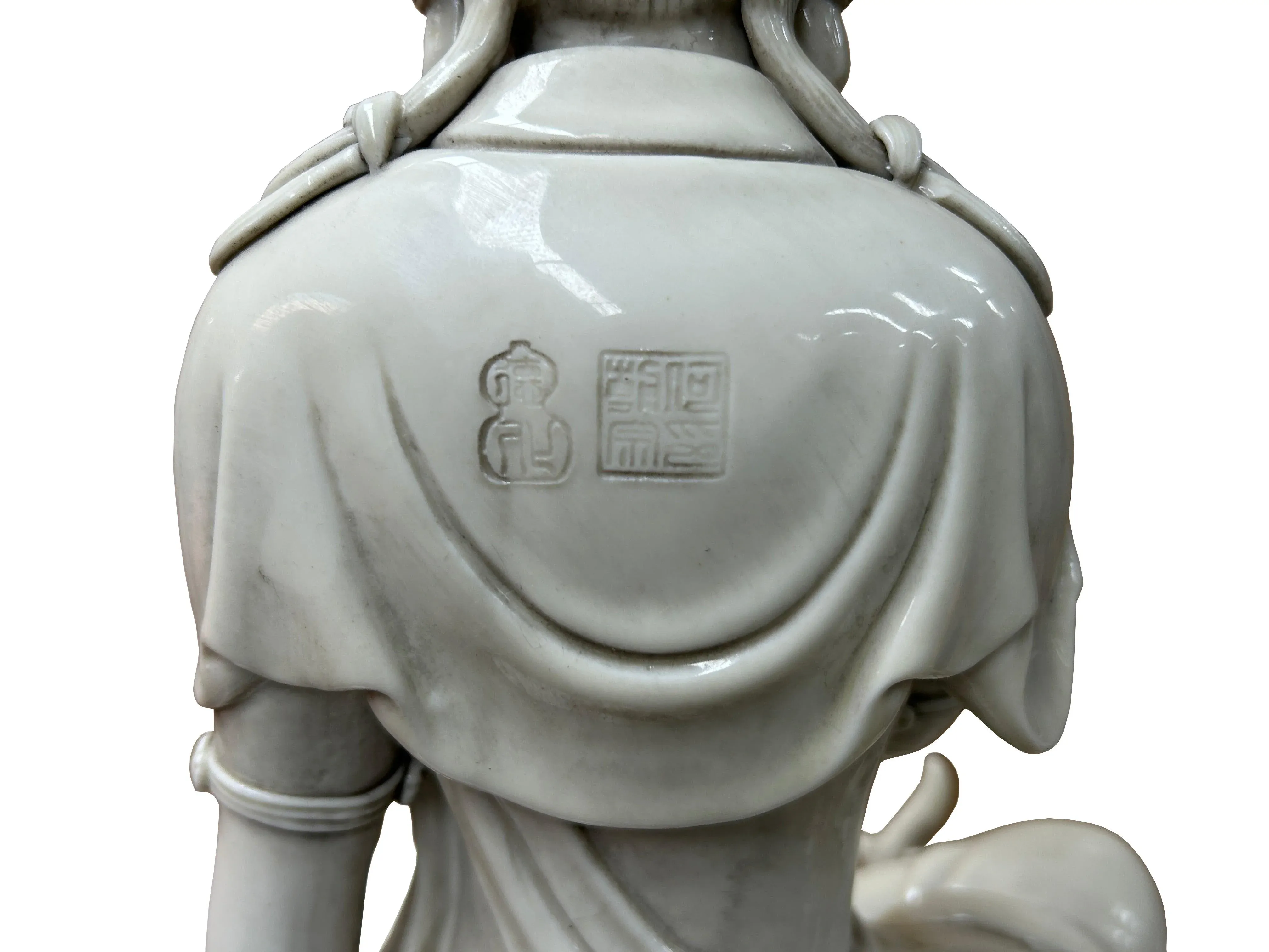 Chinese Handcrafted GuanYin Bodhisattva on Dragon White Porcelain Statue
