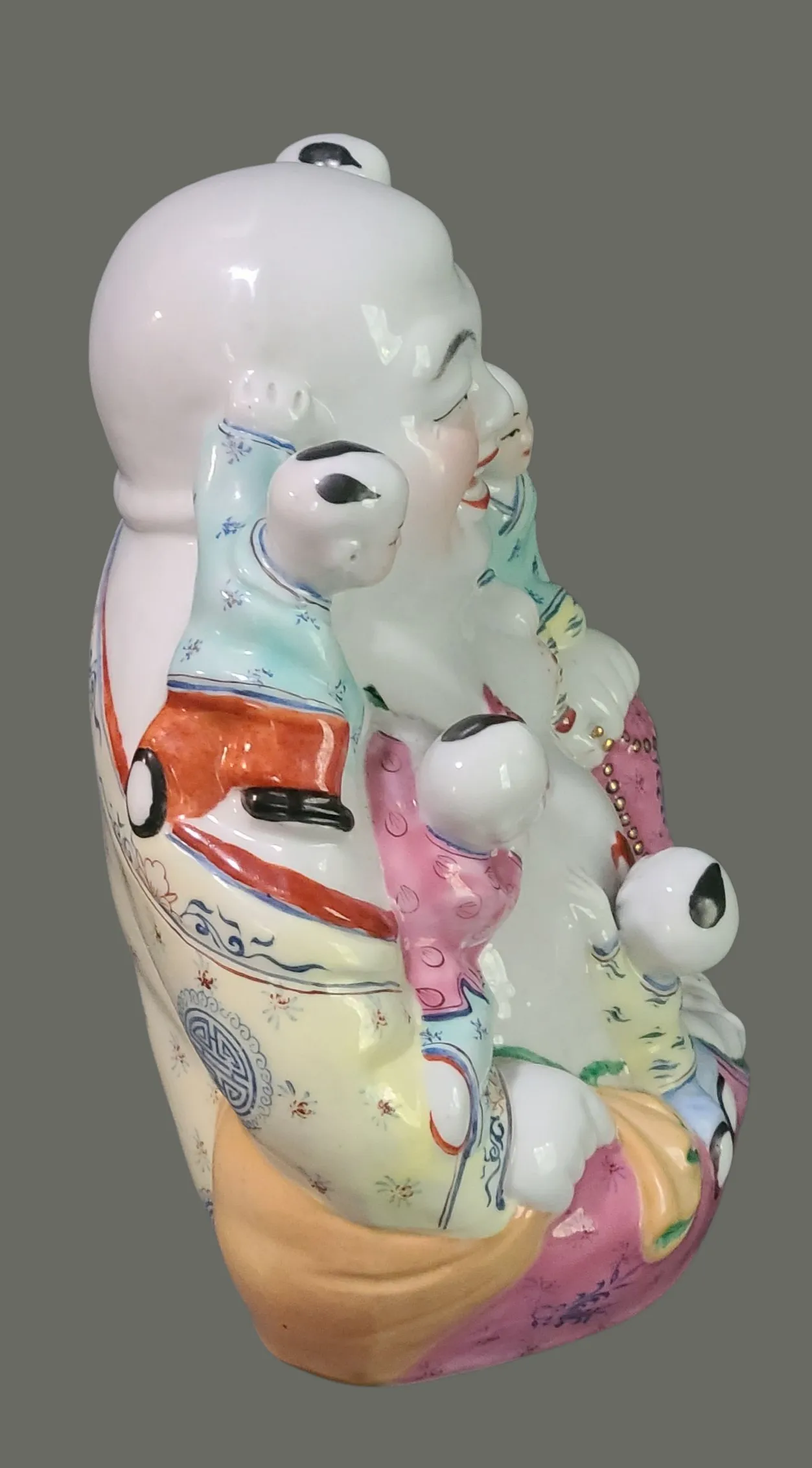 Vintage Hand Painted Colorful Famille Rose Fertility Happy Buddha Statue