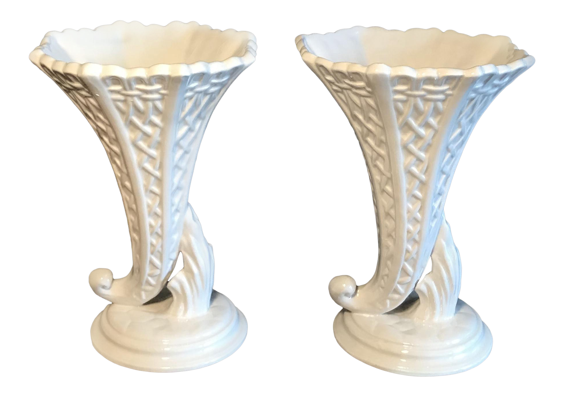 Vintage Chelsea House Italian Ceramic White Cornucopia Vases A Pair Chairish