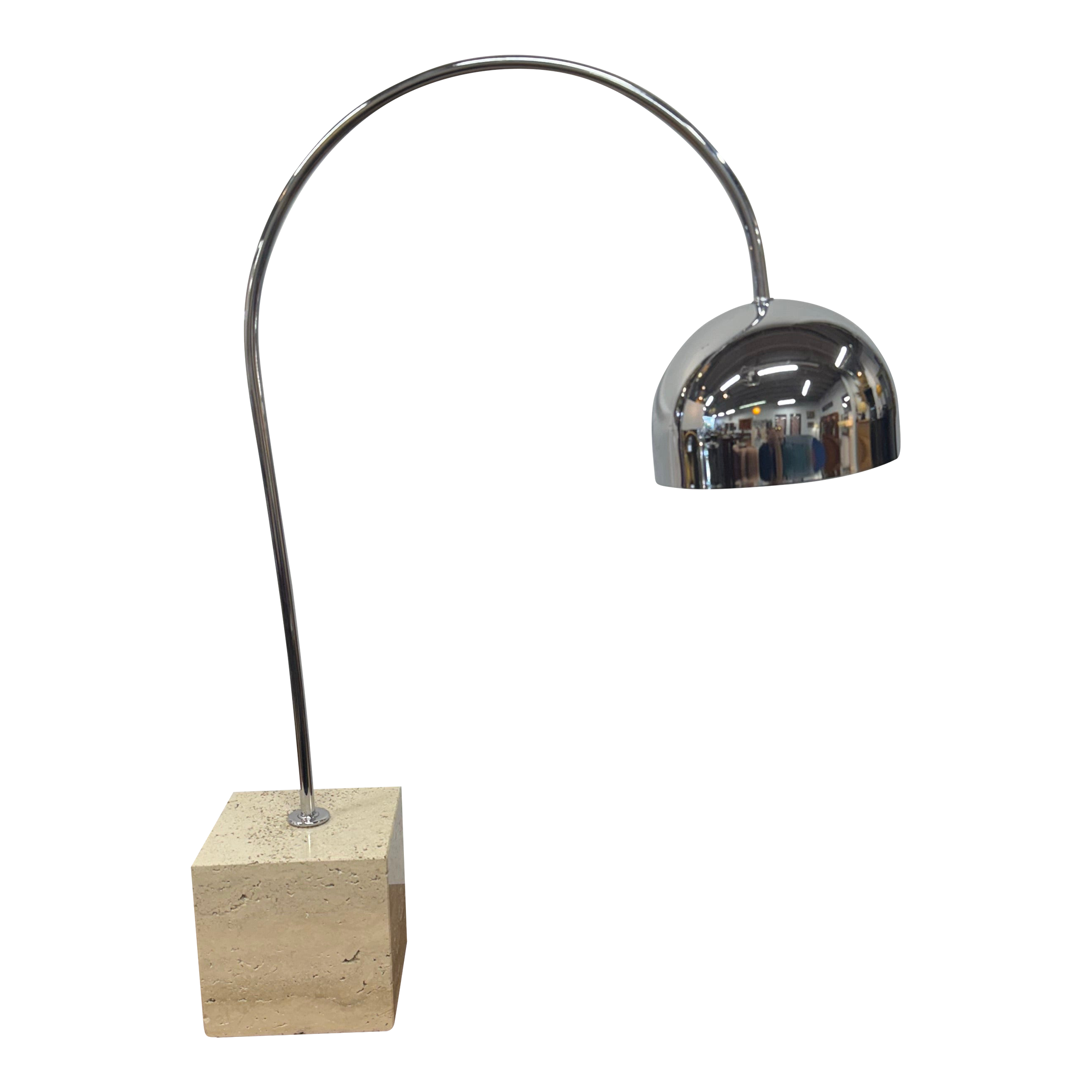 1970s Mid-Century Modern Chrome Travertine Arc Table Lamp by