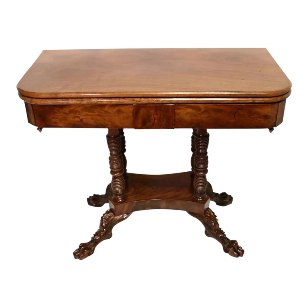 American Empire Figured Mahogany Antique Games Table With Hairy Paw