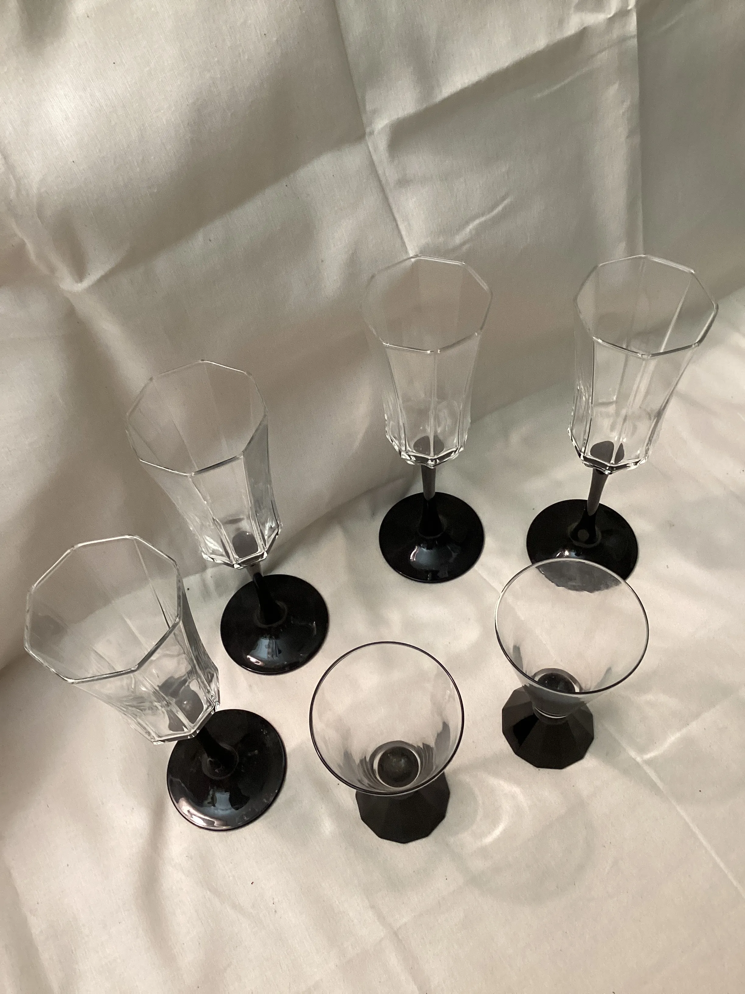 Vintage Luminarc France Black Stem Octagon Champagne Flutes With Martinis  Glasses- Set of 6