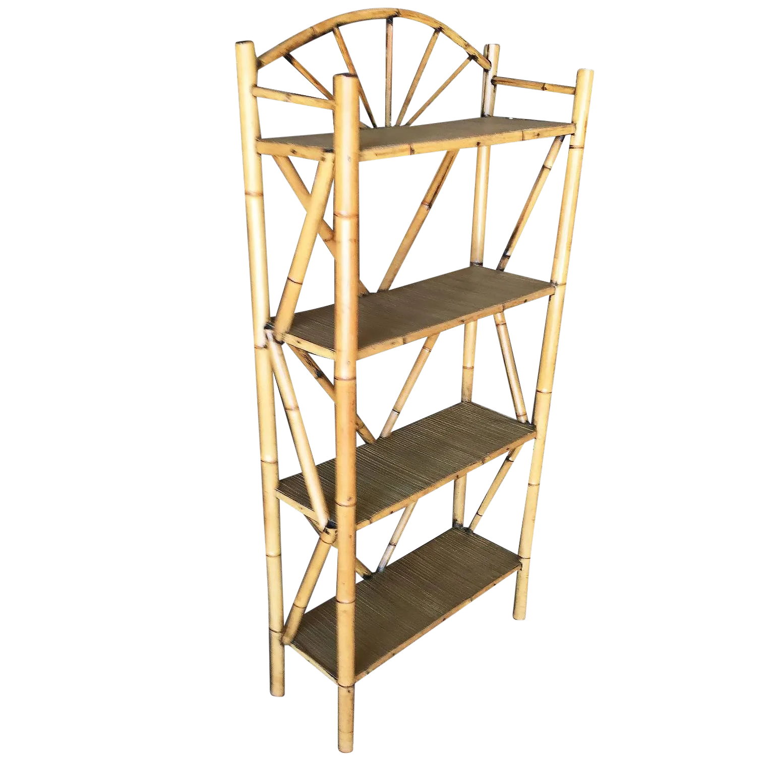 Restored Vintage Tiger Bamboo FourTier Corner Shelf With Top Crown