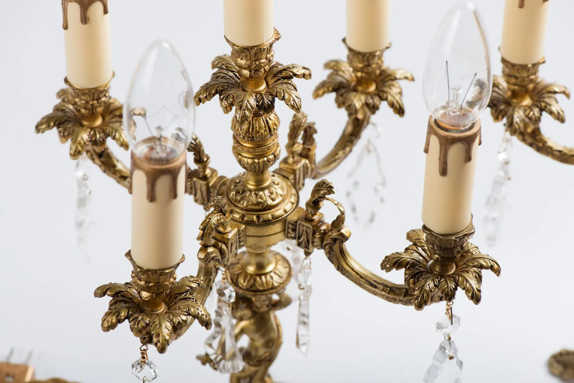 1930s Brass Cherub Candelabra Style Table Lamp With Crystals a