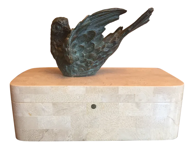 Maitland Smith Tessellated Stone Box With Bronze Bird Finial
