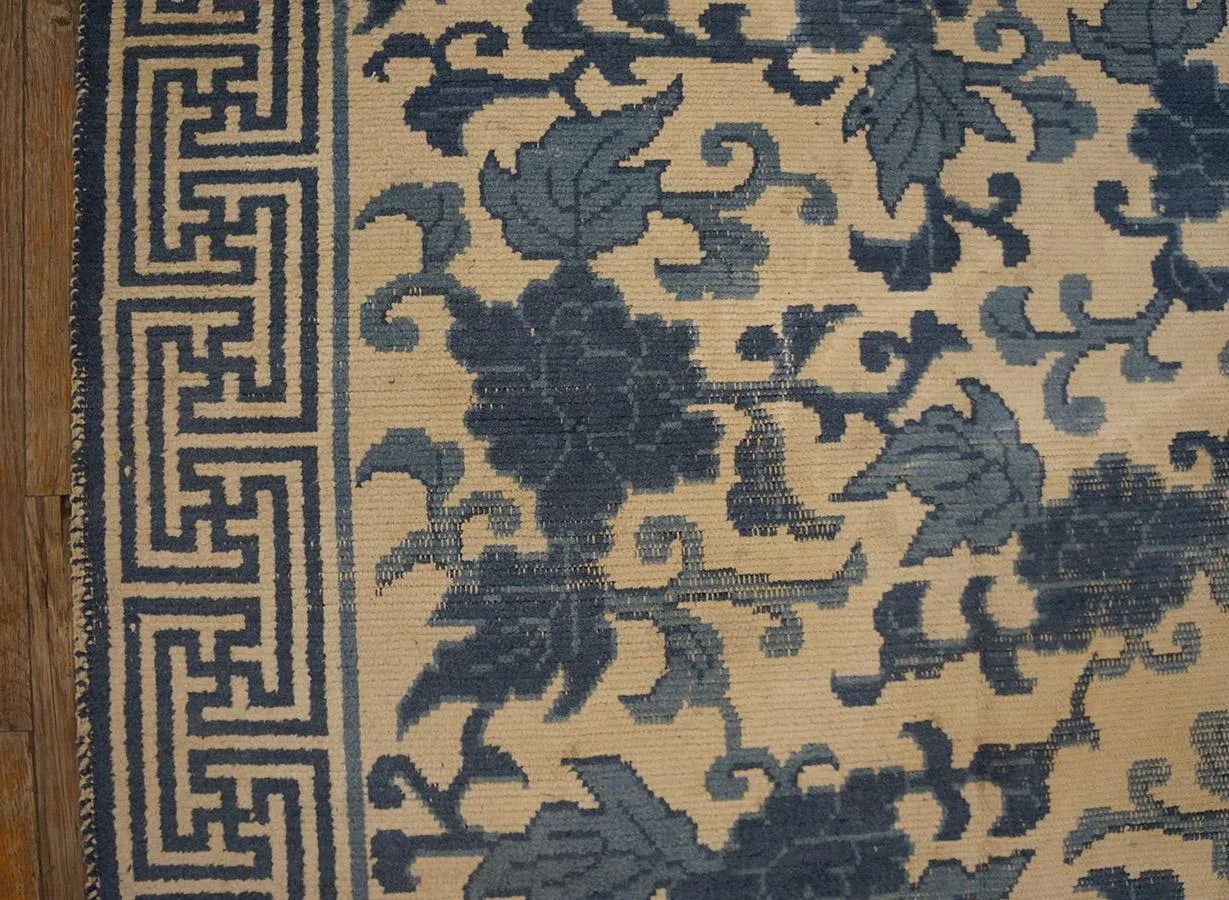 Lovely Tan Beige and Blue Cerulean Color With Florid Design Antique Japanese Rug