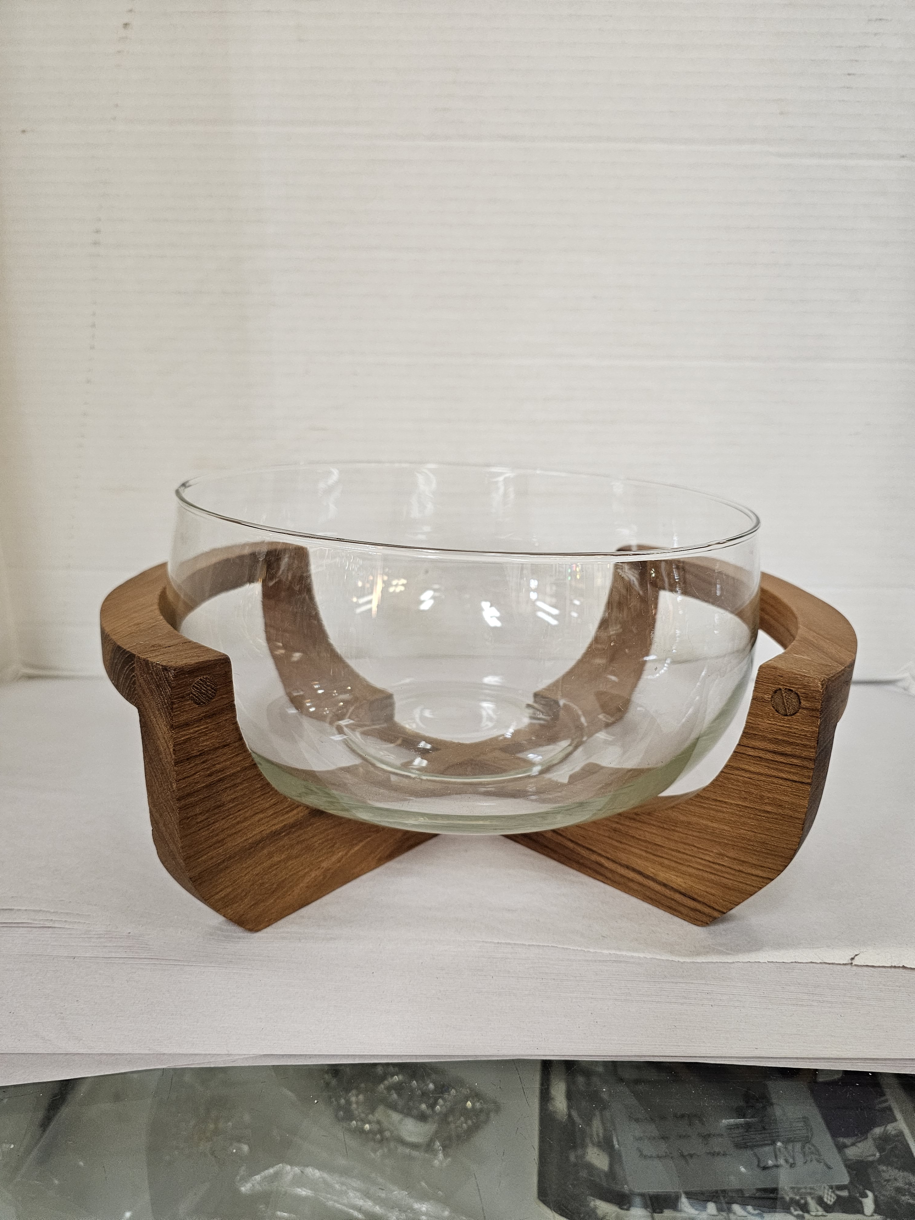 Mid Century Modern Large Glass Salad Bowl With Teak Stand by