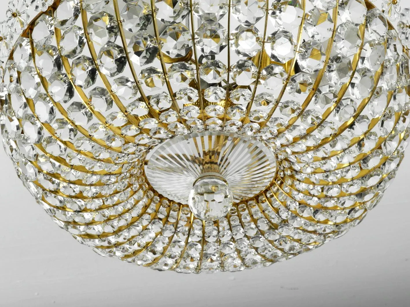 Mid-Century Modern Ceiling Lamp with Glass Stones and Brass Frame from the Vereinigten Werkstätten