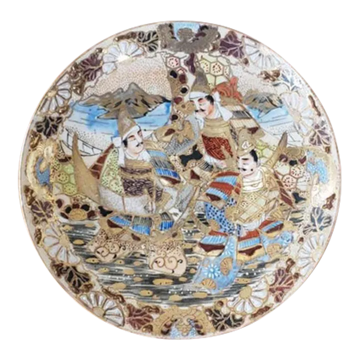 Circa 1890 Japanese Satsuma Porcelain Bugaku Dancers Motif Plate (Meiji