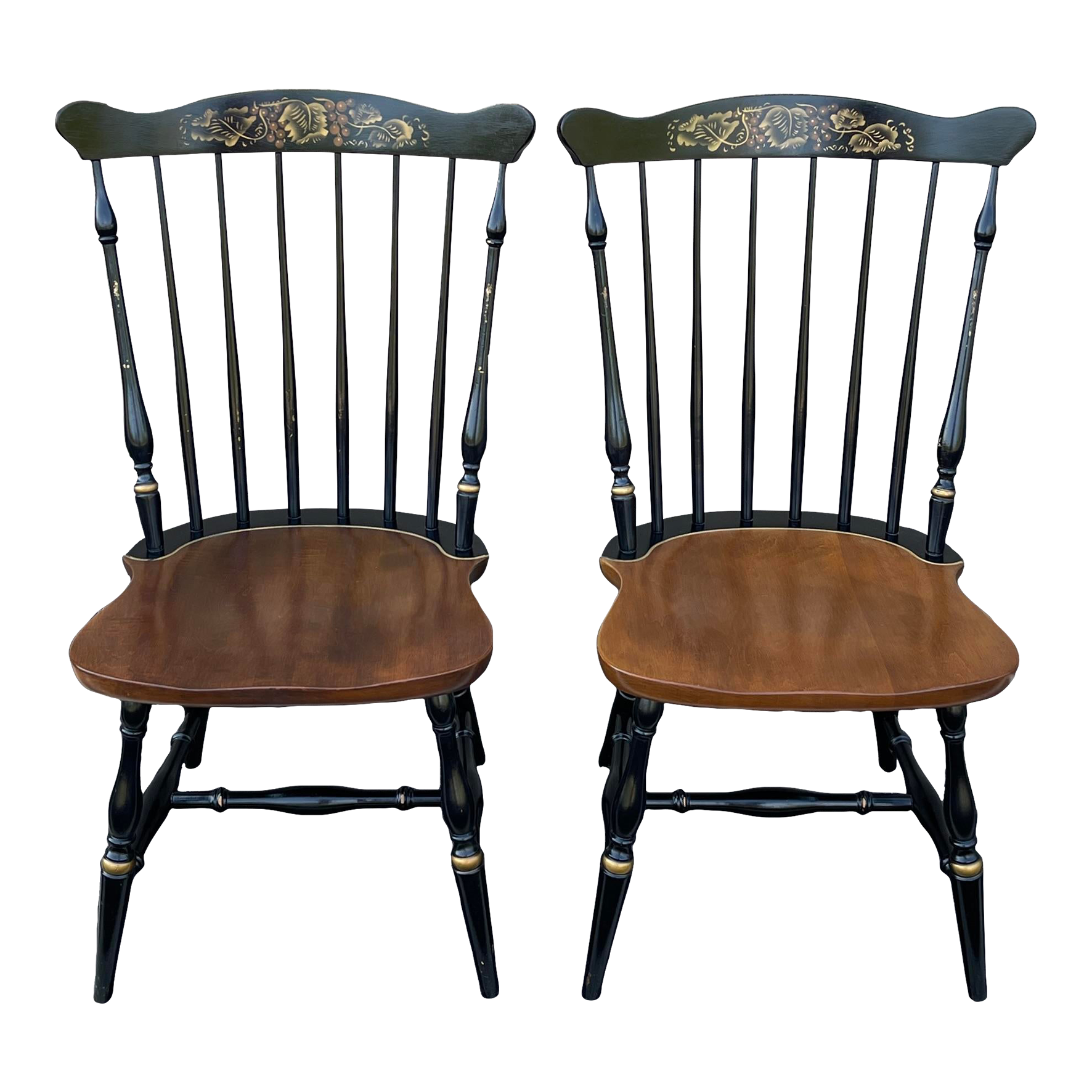 Vintage L Hitchcock Stenciled Fan Top Windsor Dining Chairs in Black Harvest Maple a Pair