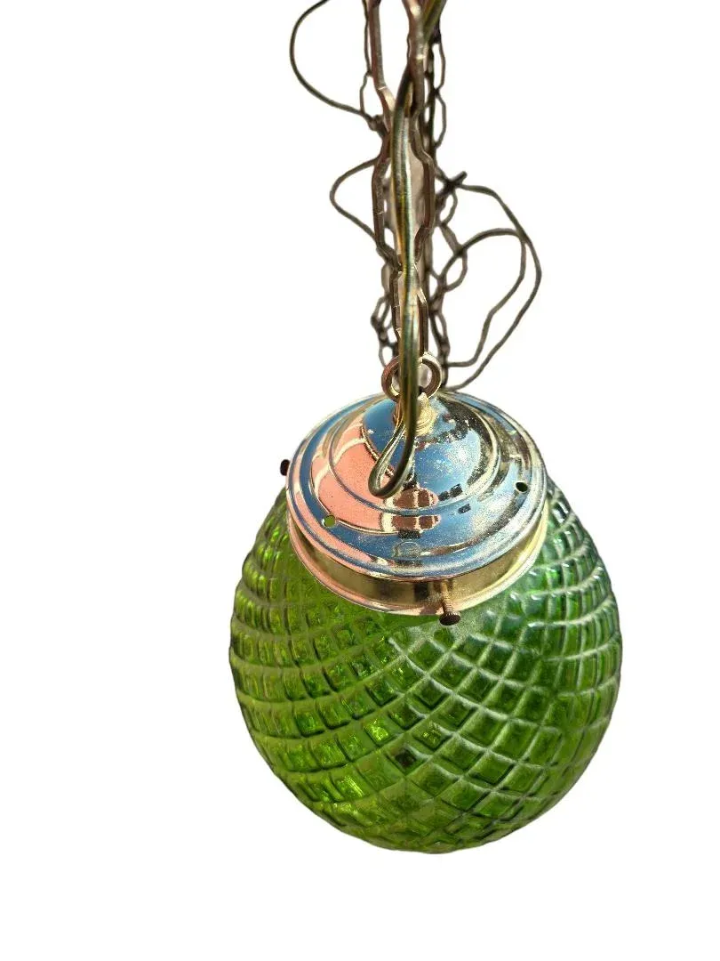 1960s Vintage Green Crackle Glass Globe Lamp Hanging Swag Lamp