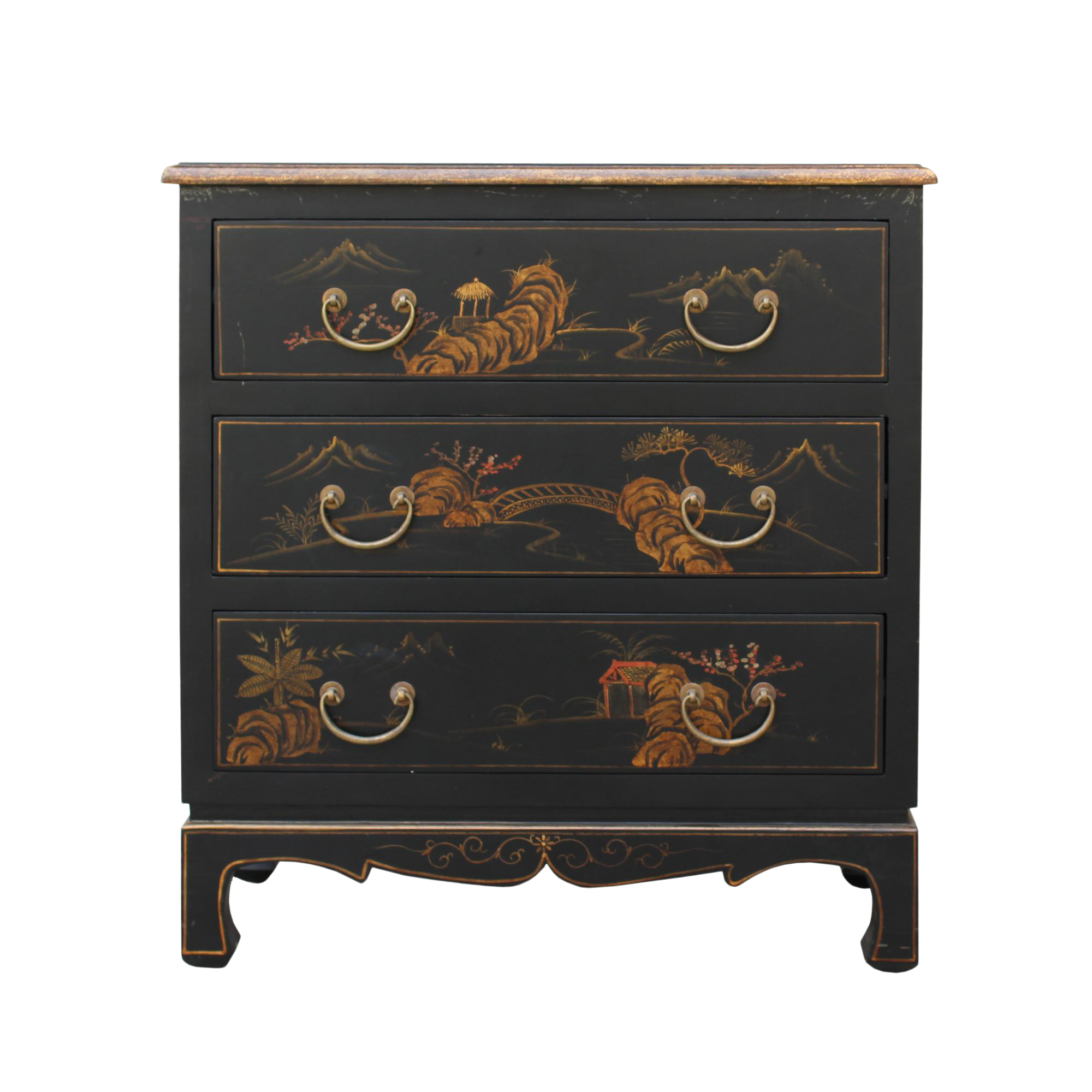 Chinese Oriental Black Gold Lacquer Scenery Graphic Chest Of
