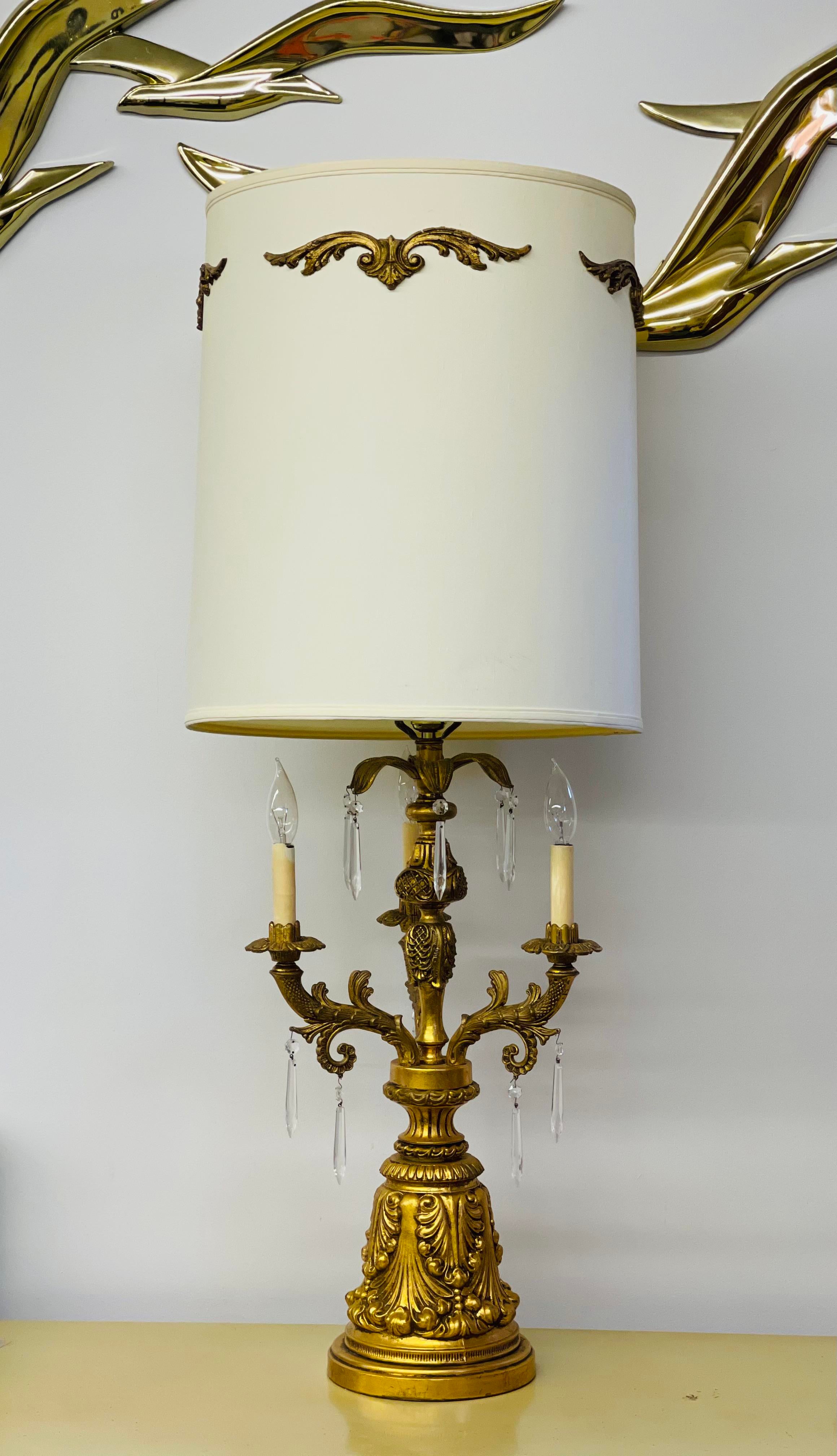 Early 20th Century French Gold Gilt 3-Arm Candelabra Lamp With Shade