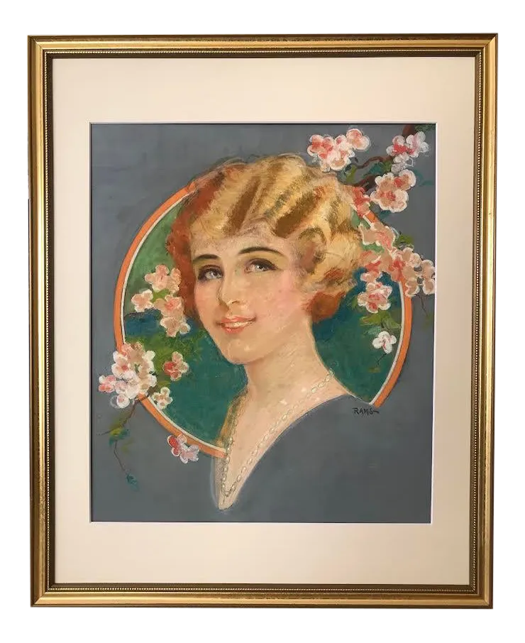 Antique Art Nouveau Pastel Painting of a Woman by J. Ramsperger Circa