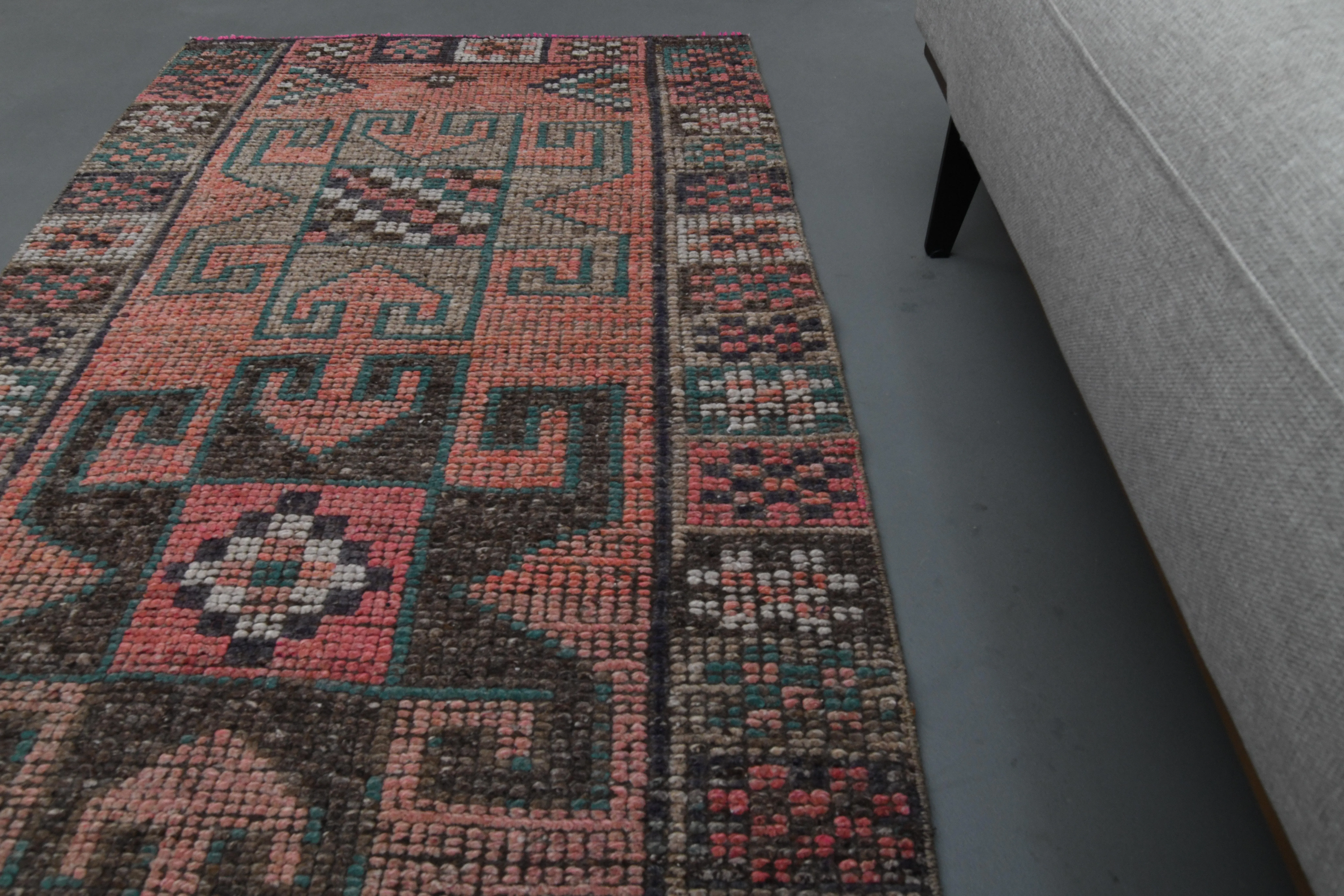 1970s Vintage Turkish Oushak Handmade Wool Cotton Pink Runner Rug