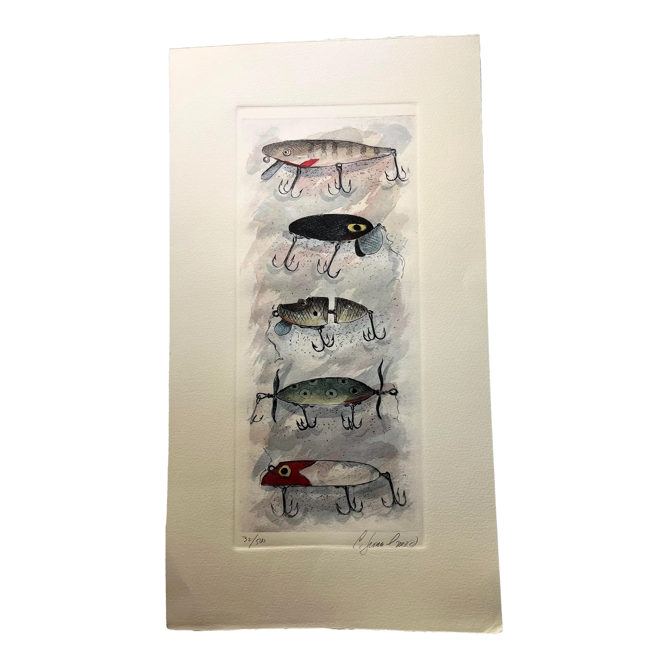 Contemporary Fishing Lures Hand Colored Etching Art Print