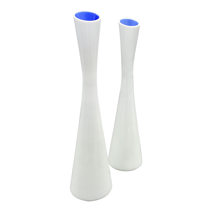 1950's Swedish MidCentury Modern White and Blue Glass Vases a Pair