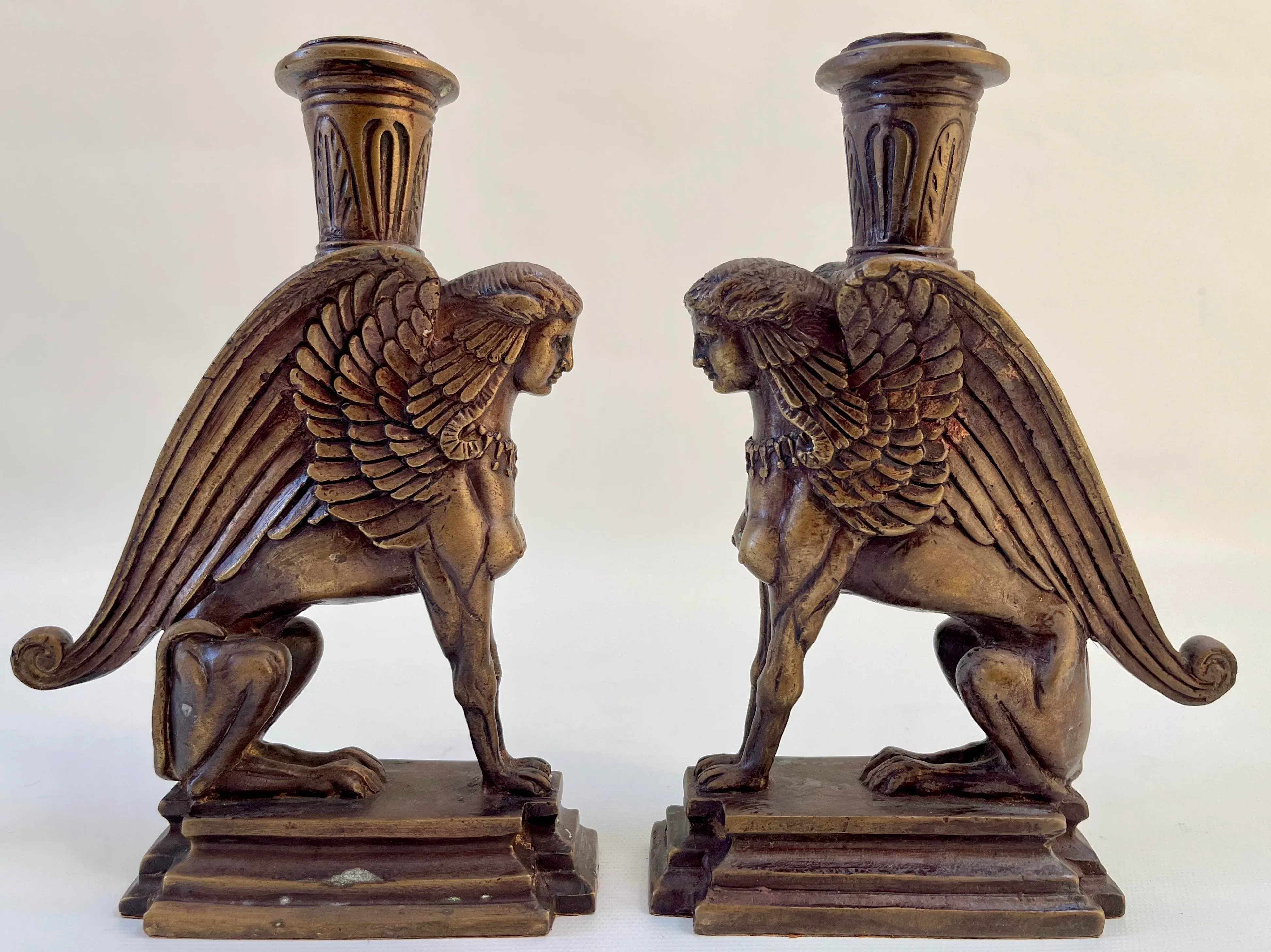 French Bronze Victorian Art Deco Style Sphinx Candleholders - a