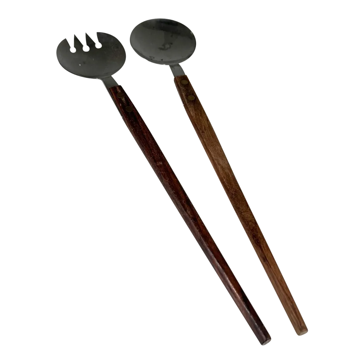 1960s Japanese Midcentury Modern Stainless Wood Salad Server Set