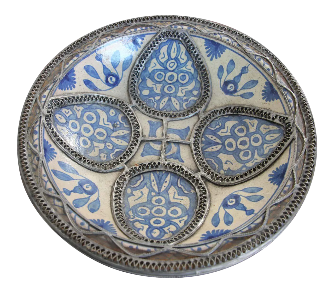 Moroccan Ceramic Blue Bowl Adorned With Silver Filigree From Fez Antique 1920s