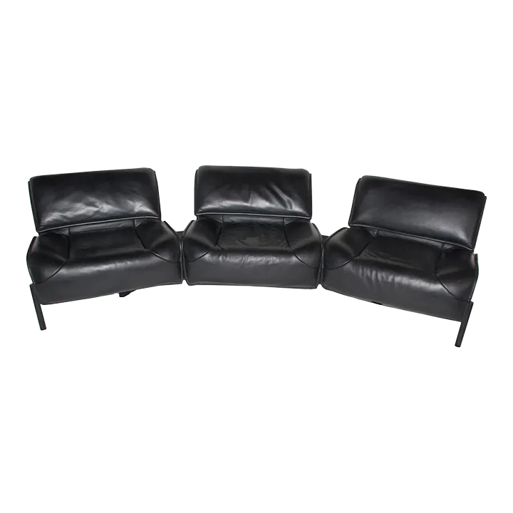Cassina Veranda Black Leather Sofa by Vico Magistretti 1st Edition