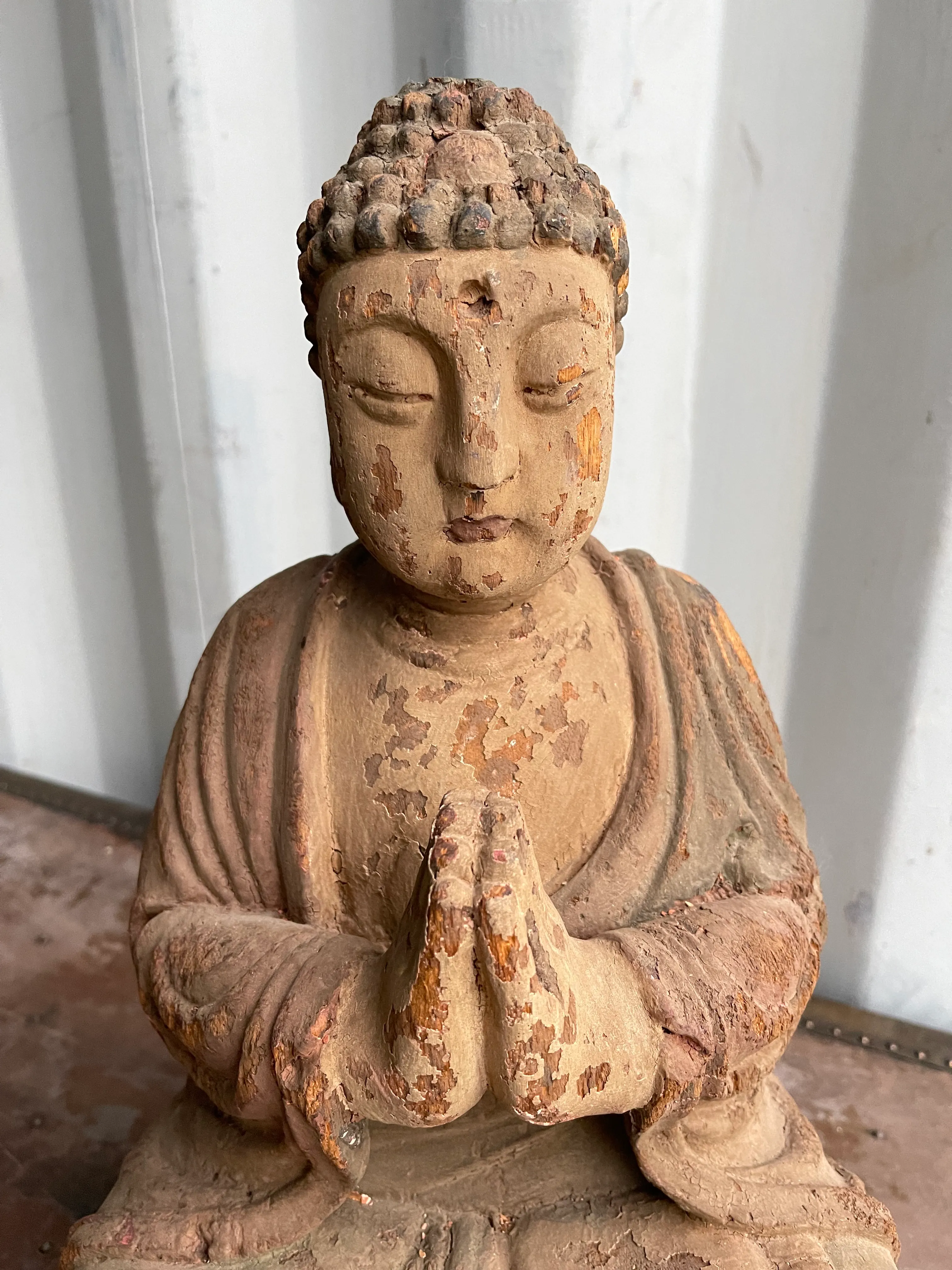 17th/18th Century Thai Carved Polychrome Wood Seated Buddha