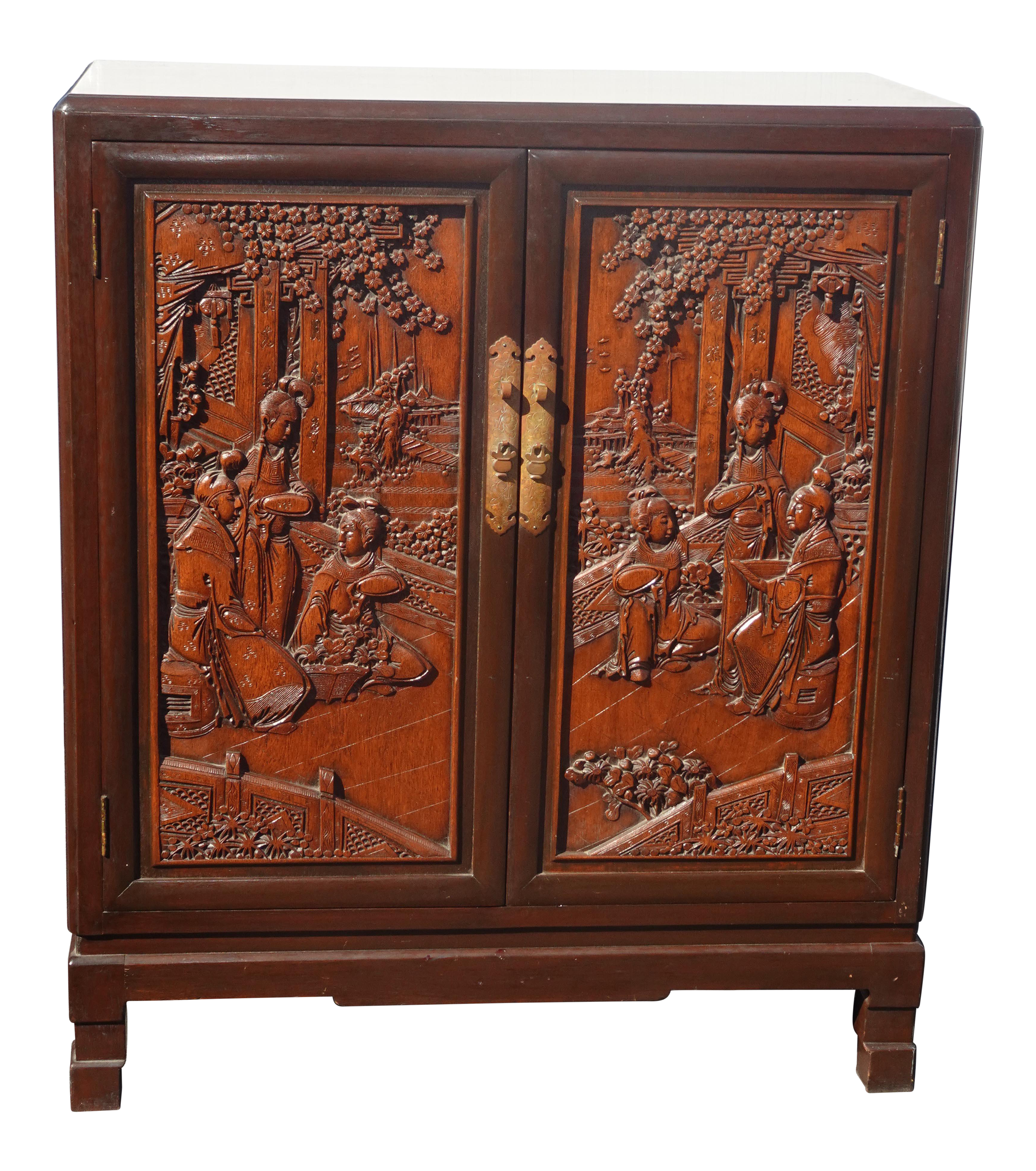 Vintage Oriental Asian Ornately Carved Brown Storage Cabinet