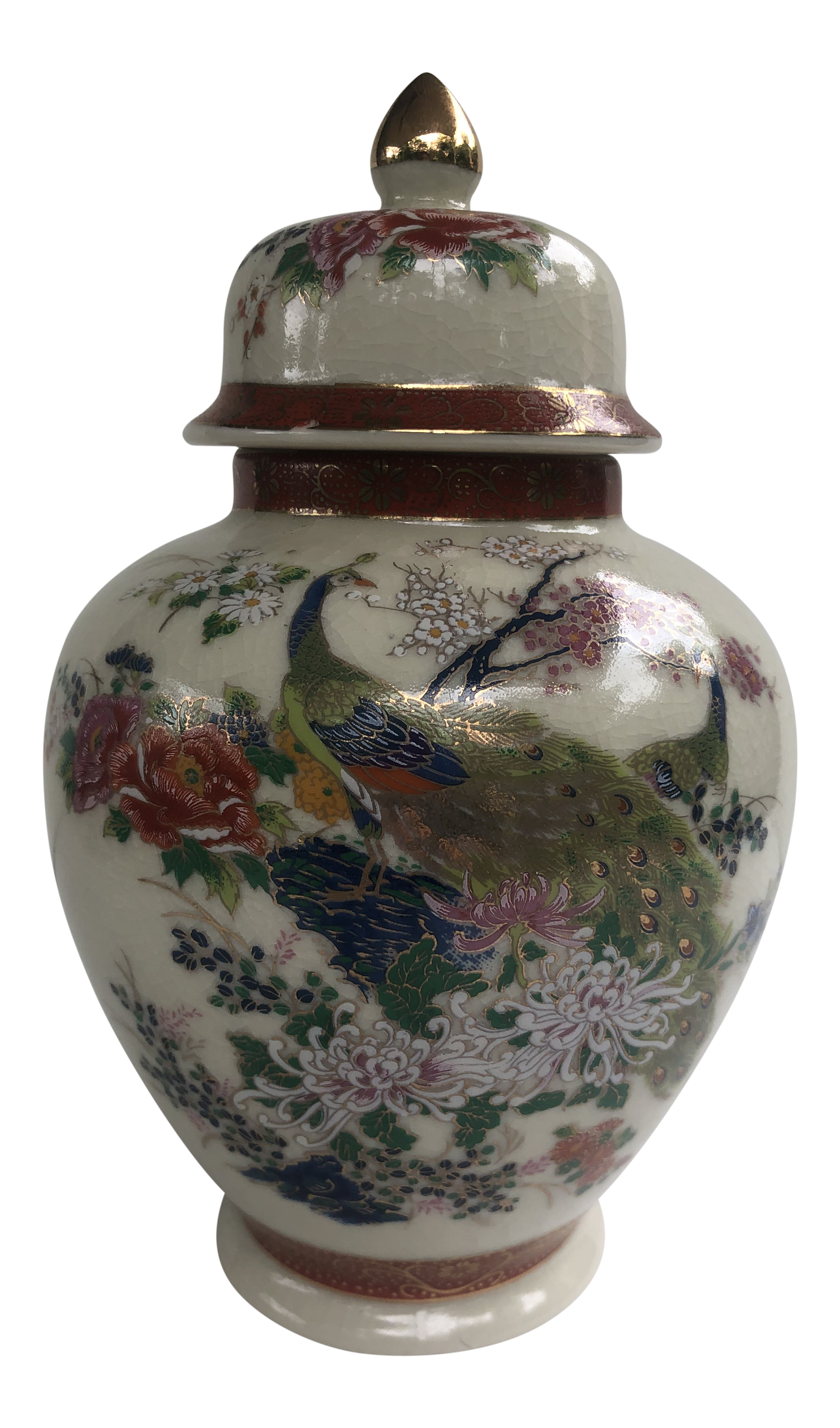 Oriental Japan Satsuma Porcelain Peacock Ginger Jar Vase Urn