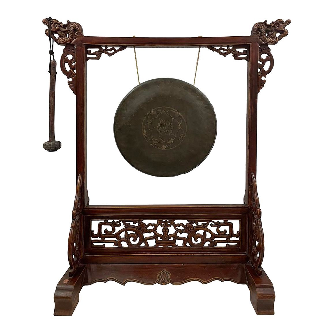 Early 20th Century Antique Chinese Table Gong With Dragon Stand and