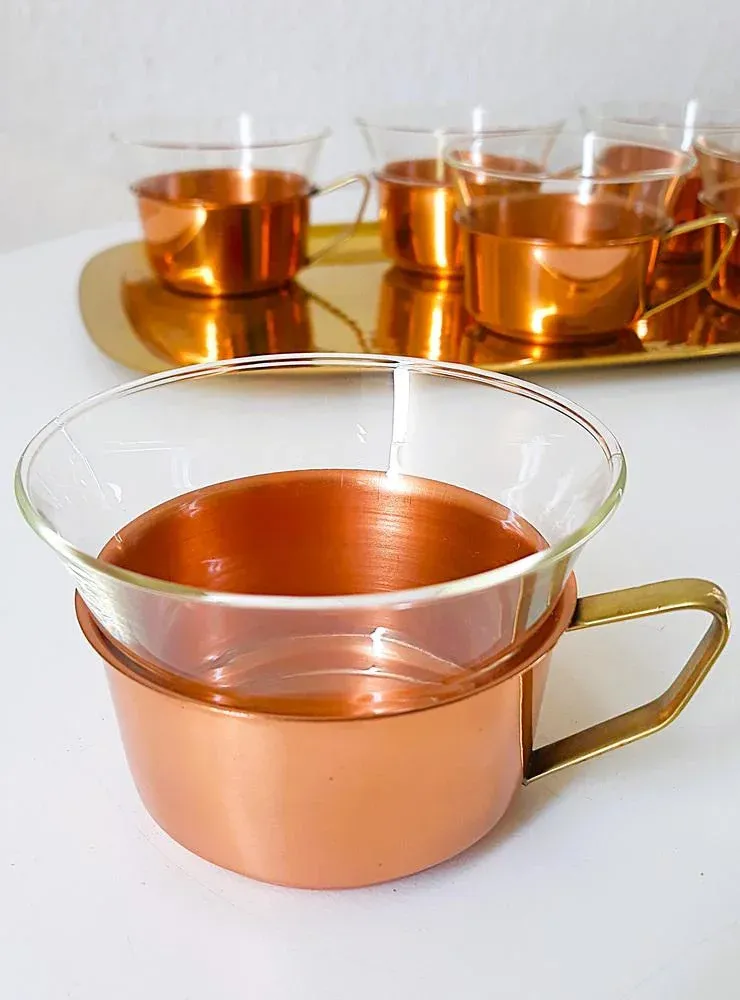 Tea Glasses & Tray in Copper, Brass & Jena Glass from Schott, Mainz, 1960s,  Set of