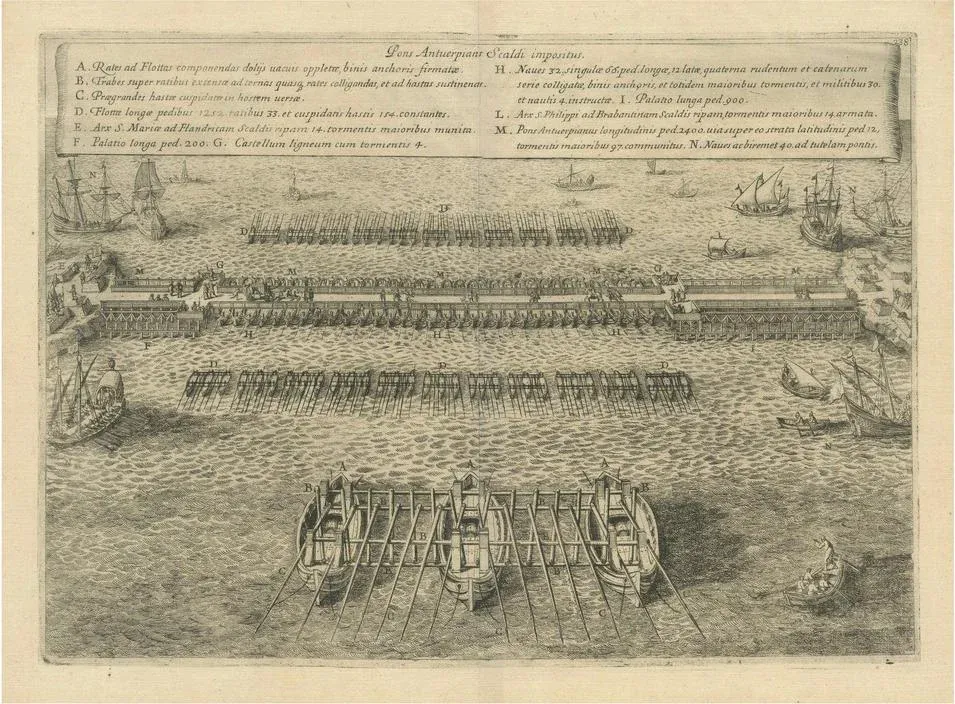 The Duke of Parma\'s Pontoon Bridge in the Siege of Antwerp, 1632, Print