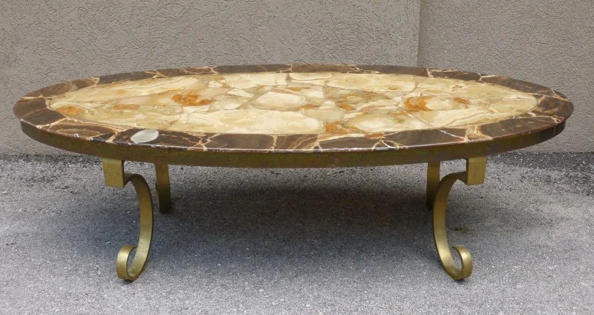 Vintage Mid-Century Signed Mexican Muller Onyx Table W Brass Legs