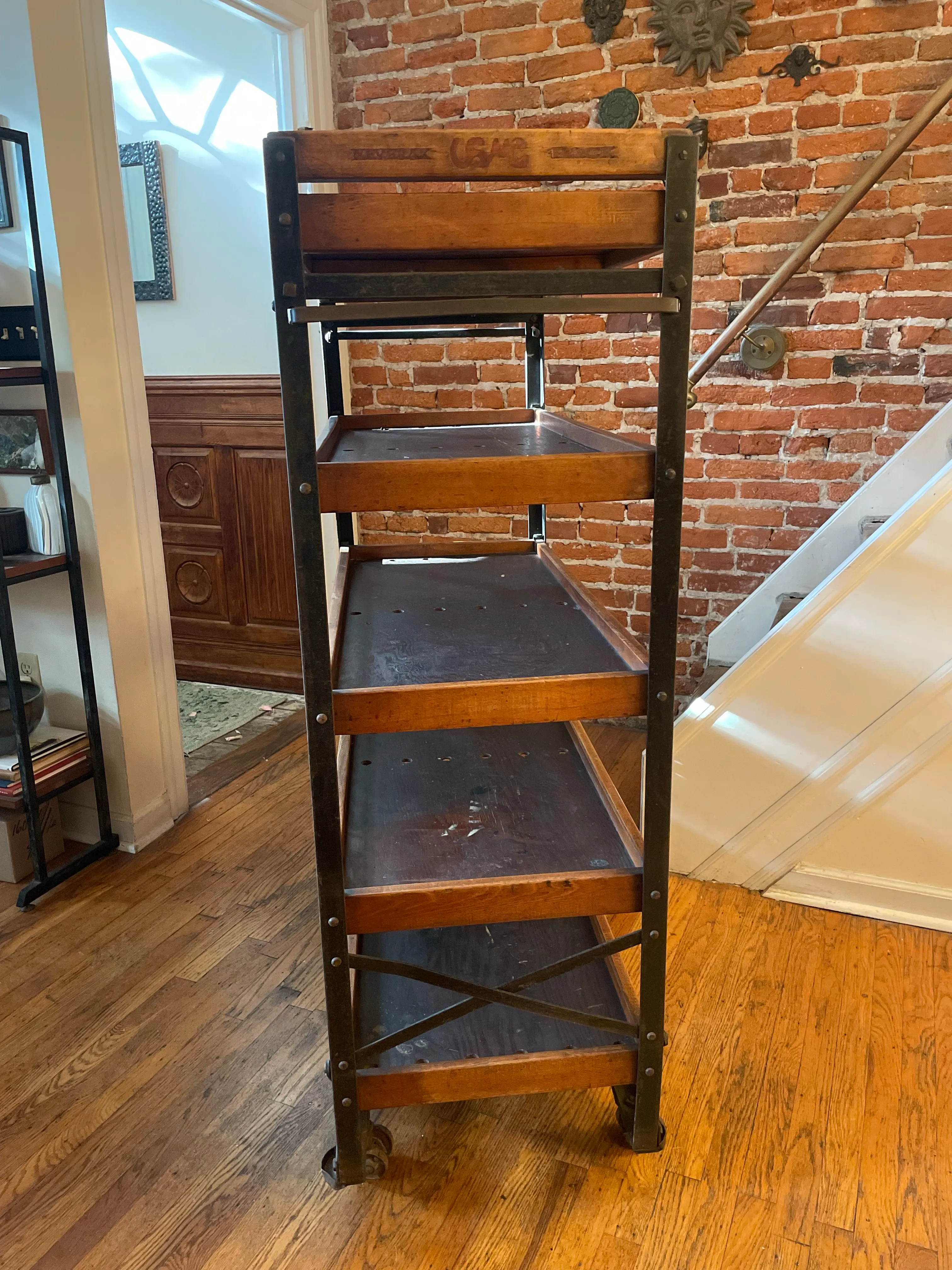 Antique Industrial Neverax Wood and Iron Rolling Open Shelving